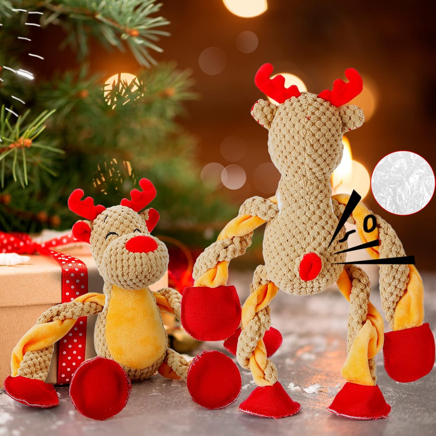 Senneny Christmas Dog Toys, Squeaky Reindeer Plush with Ropes for Tug of War, Durable Interactive Chew Toys for Puppy Small Medium Large Dogs